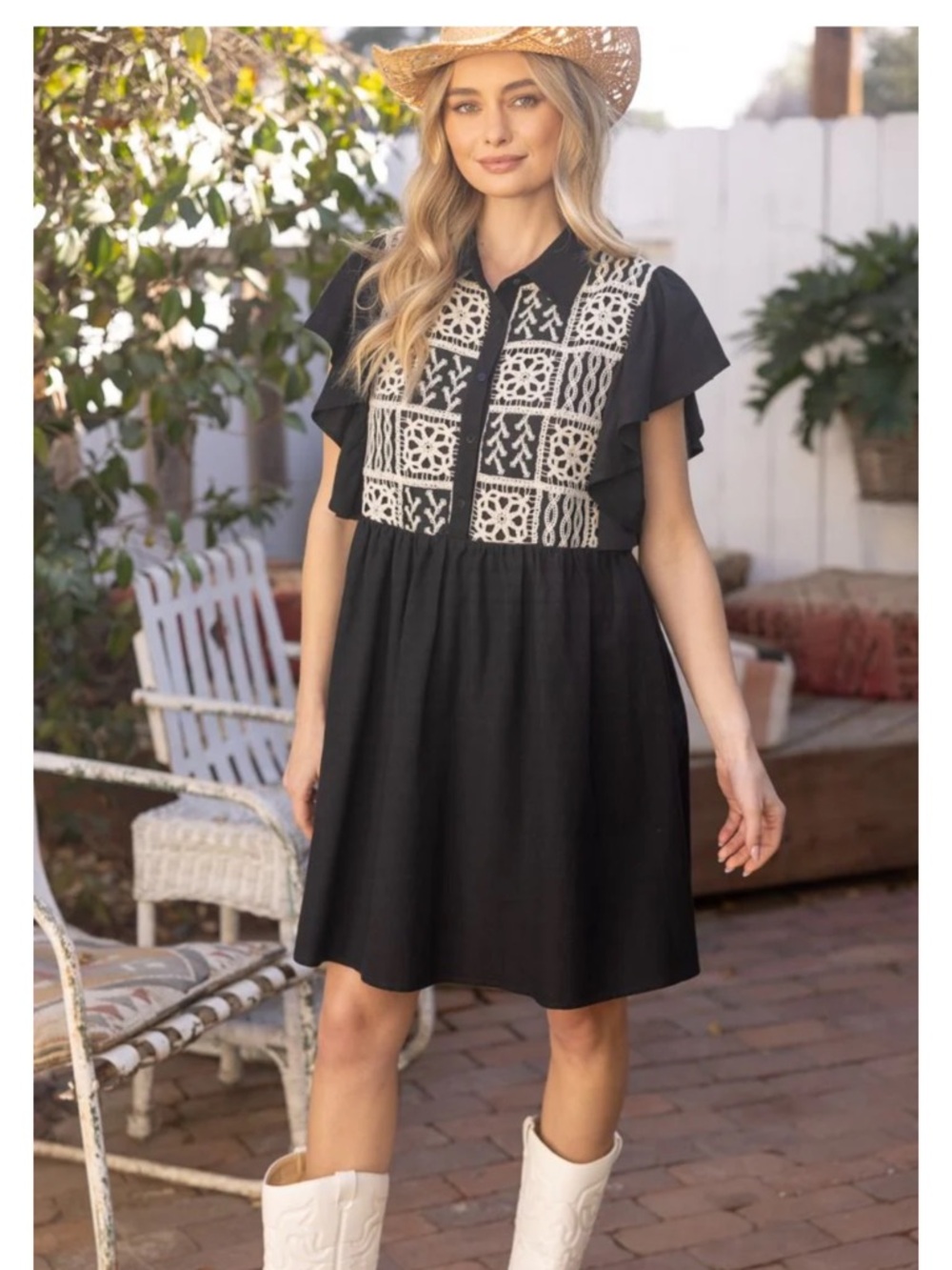 Emilia Black Mini Dress with Cream Crochet Yoke